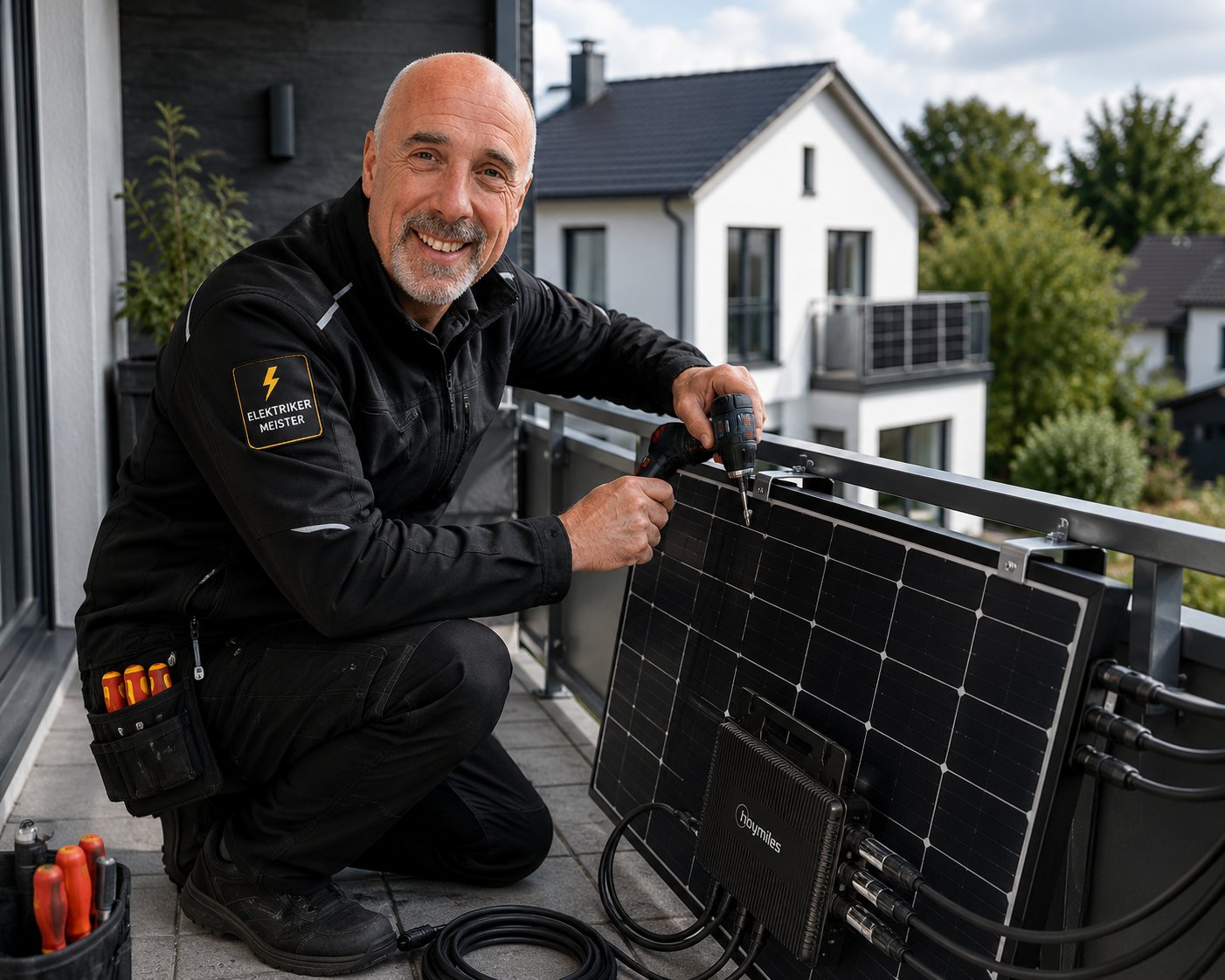 Elektrikermeister Gerold Göhring installiert ein Balkonkraftwerk am Balkongeländer