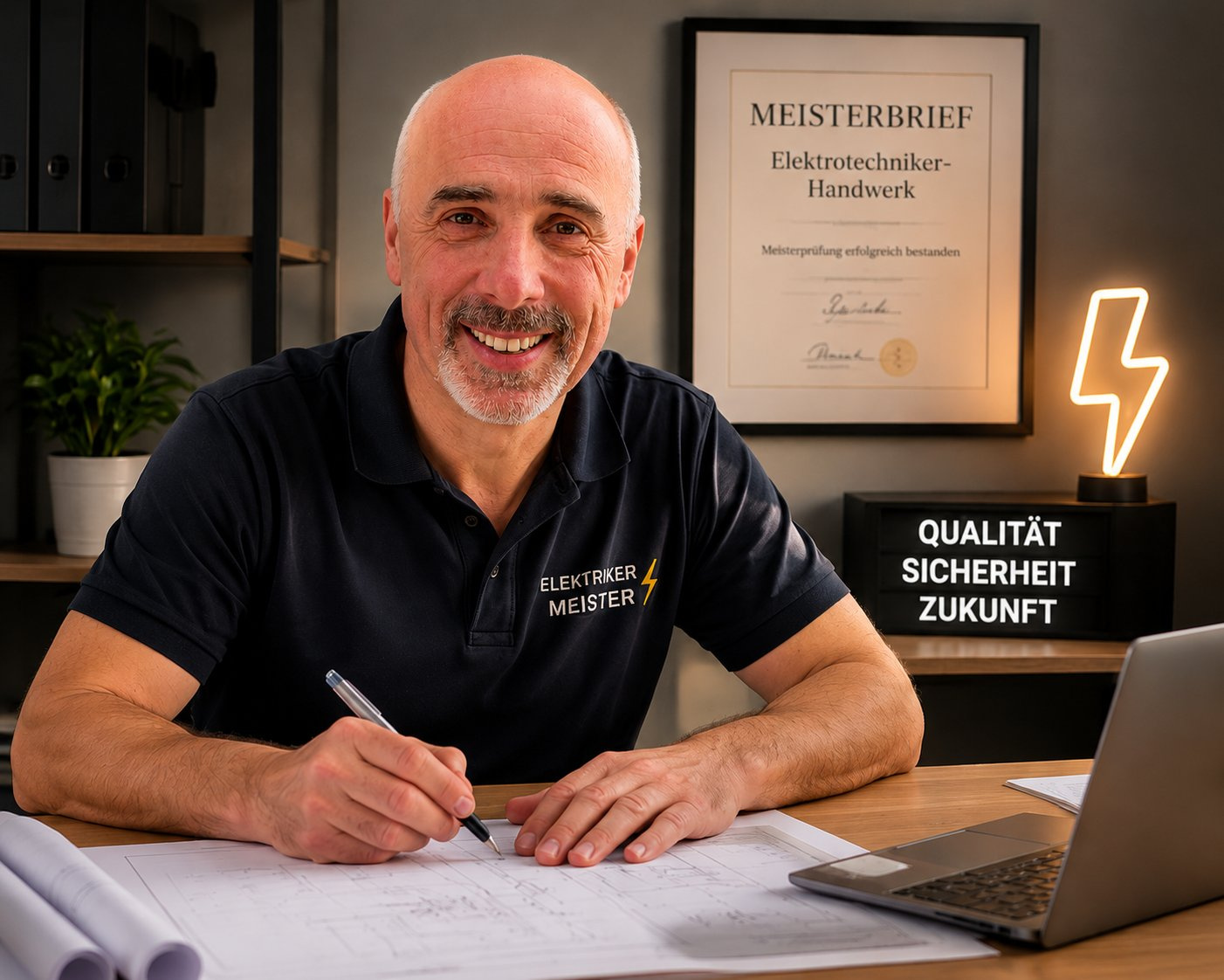 Elektrikermeister Gerold Göhring am Schreibtisch mit Meisterbrief im Hintergrund