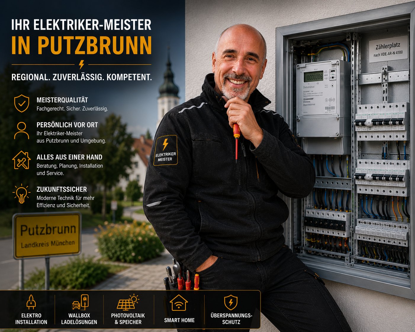 Elektrikermeister Gerold Göhring am Ortsschild Putzbrunn vor einem modernen Zählerschrank nach VDE-AR-N 4100 – Ihr Elektriker-Meister in Putzbrunn für Elektroinstallation, Wallbox, Photovoltaik, Smart Home und Überspannungsschutz