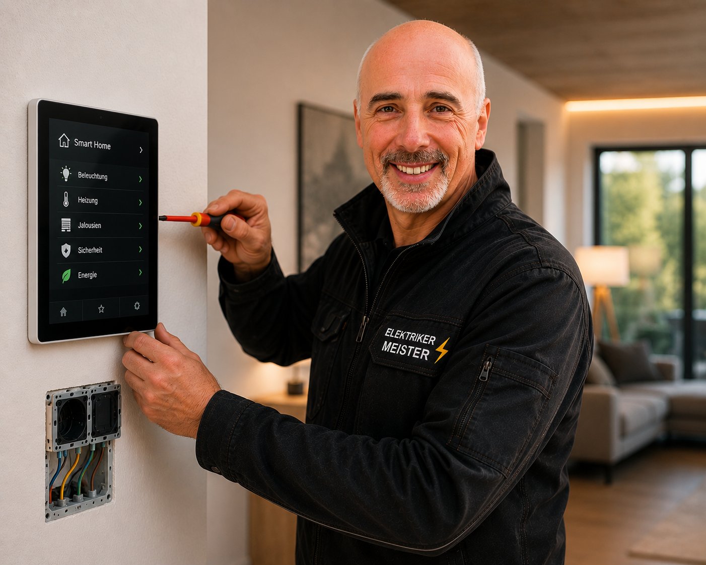 Elektrikermeister Gerold Göhring installiert ein Smart-Home-Bedienpanel an der Wand