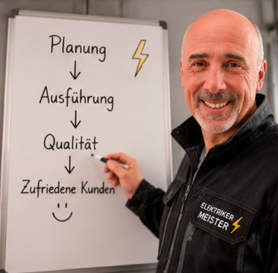Elektrikermeister Gerold Göhring am Whiteboard mit dem Ablauf: Planung, Ausführung, Qualität, zufriedene Kunden